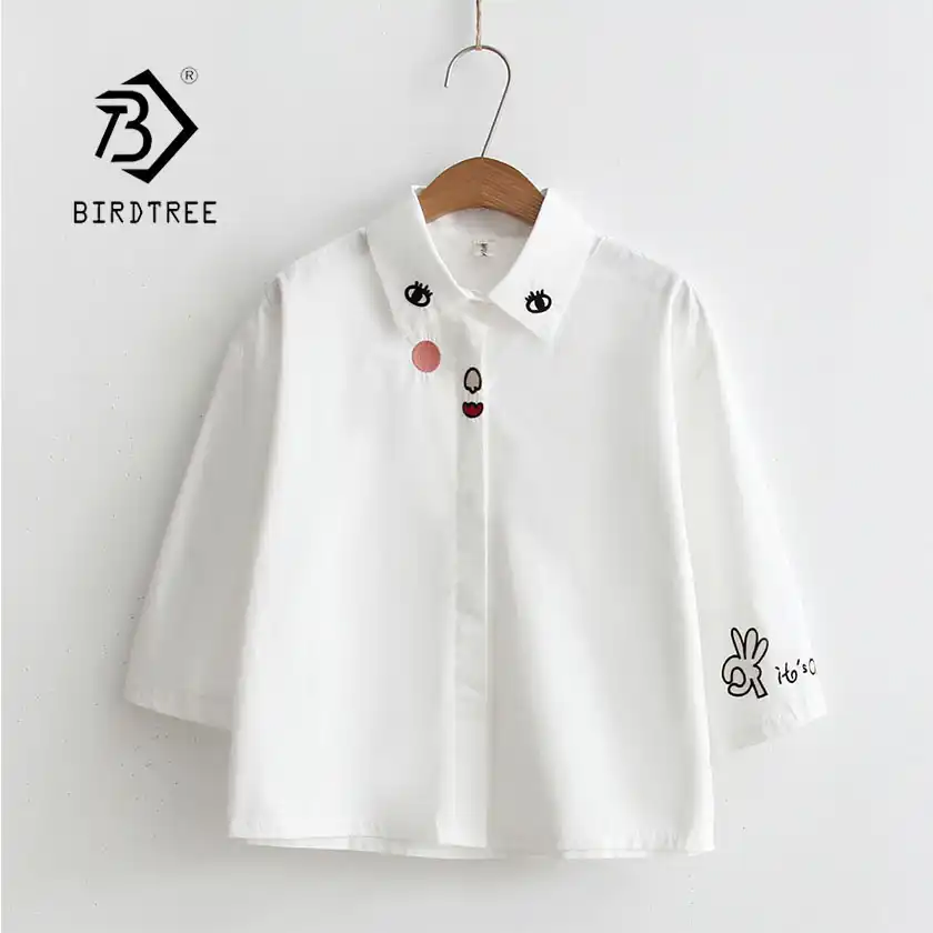 19 新ホワイトオフィスの女性のシャツボタン襟 3 分袖綿顔刺繍ブラウス Femininat8d422m Blouses Shirts Aliexpress