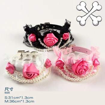 

2015 new doggy fashion rose flower pearl nacklace puppy collars supplies pet dog cat collar pets accessories 10pcs S M