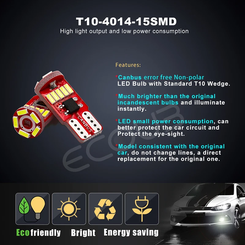 2 предмета T10 W5W светодиодный белый Canbus Error Free автомобильный светодиодный лампы 168 194 оформления интерьера чтение светильник 4014 15 SMD не полярности 12V