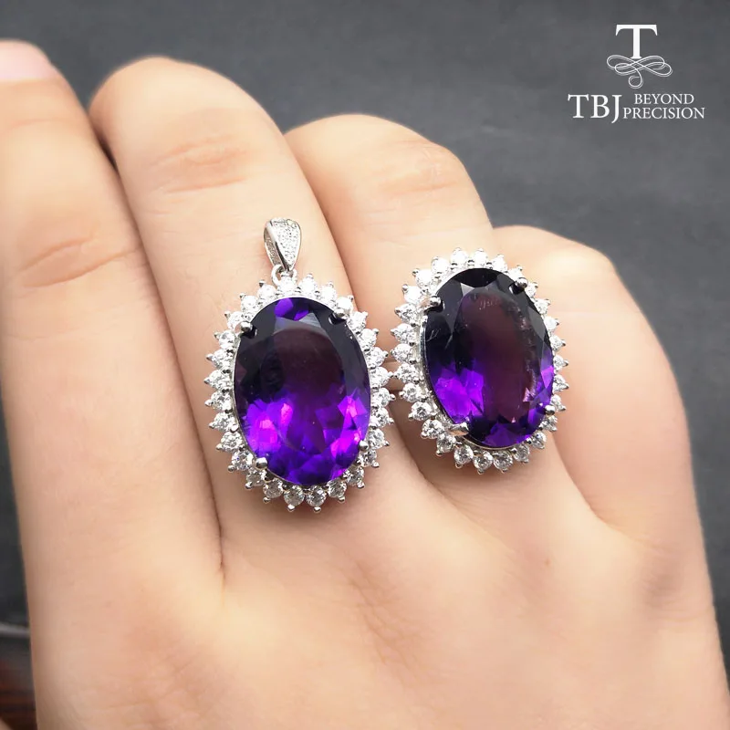 

TBJ,Big gemstone Diana's Jewelry set pendant and Ring with natural amethyst 19ct gemstone for women in 925 silver with gift box