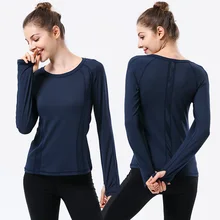 Темно-синяя спортивная футболка Для Йоги Женский гимнастический спортивный фитнес женский спортивный топ с длинными рукавами футболки с круглым вырезом Базовая футболка Топы camiseta femin