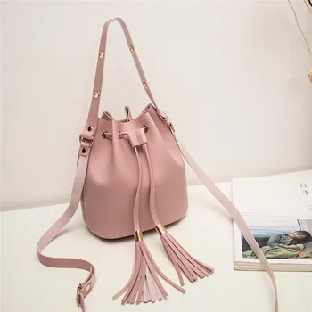 

HTNBO 2019 New Women Bag Japan Style Fringes Bags For Women Drawstring Buckets Single Women Messenger Bag Sling Bag Female Pouch