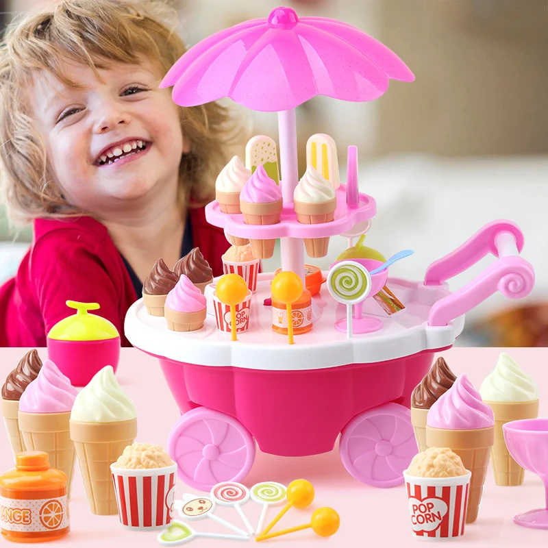 

Simulation Mini Candy Trolley Girl Light Music Ice Cream Shop Supermarket Children Play Toy Ice Cream Cart Gifts for Kids