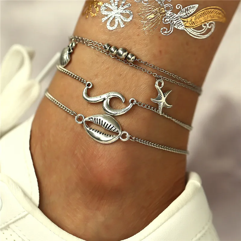 F1509 Boho Sea Shell пляжные браслеты на ногу для женщин Морская звезда Бесконечность серебряный браслет на лодыжку ноги цепь простой ножной браслет Tobilleras Conchas - Окраска металла: F1509