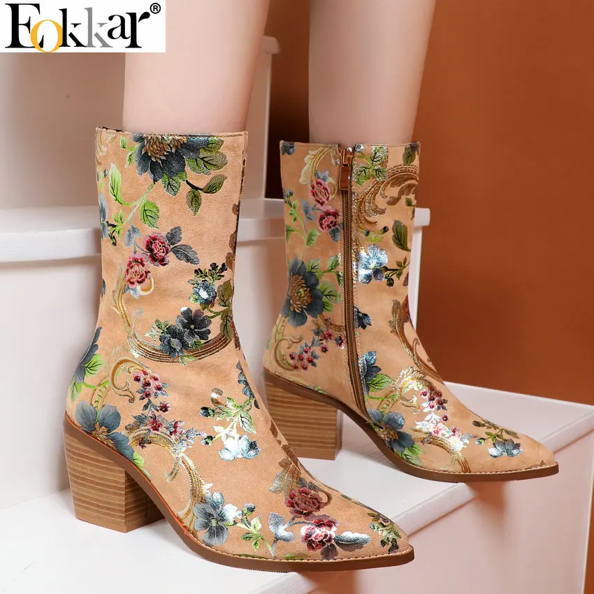 

Eokkar 2020 Women Mid Calf Boots Pointed Toe Square High Heel Zipper Winter Boots Floral Print Retro Ladies Boot Size 34-43