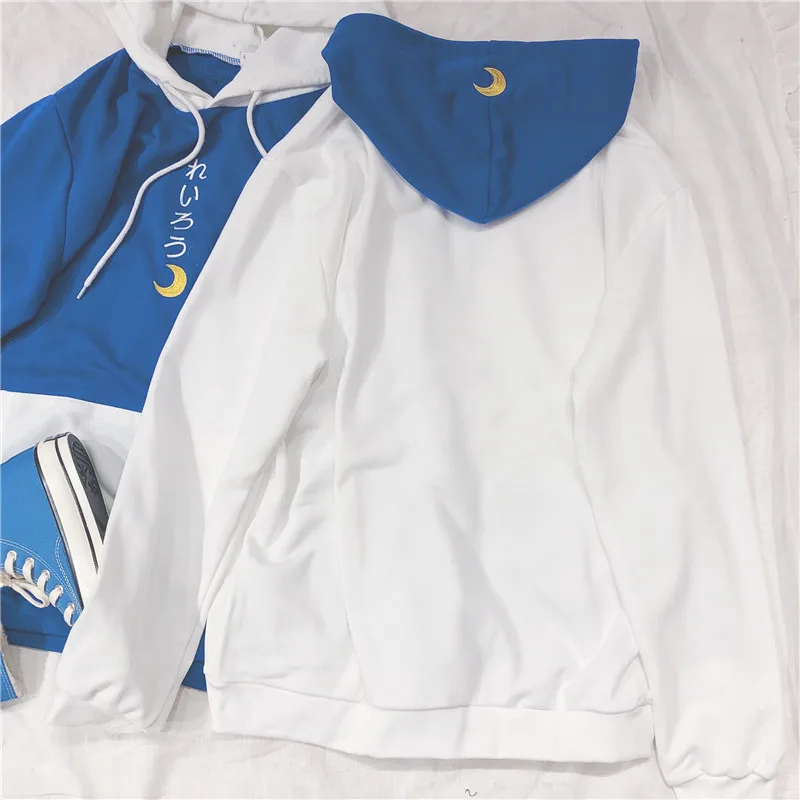 Япония Мода Луна графика синего цвета толстовки Женская одежда Harajuku карман негабаритных толстовка Kpop 90s Милый Уличная пуловер