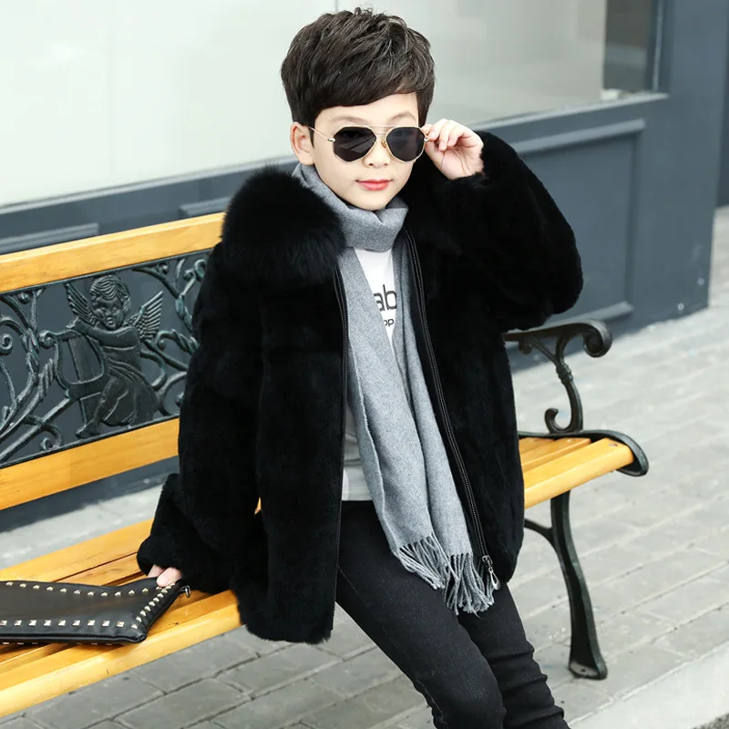 New Autumn and Winter Rabbit Fur Children's Fashion Coats Boy Natural Rex Rabbit with Fox Fur Collar Jacket Leather Outerwear New Autumn and Winter Rabbit Fur Children's Fashion Coats Boy Natural Rex Rabbit with Fox Fur Collar Jacket Leather Outerwear