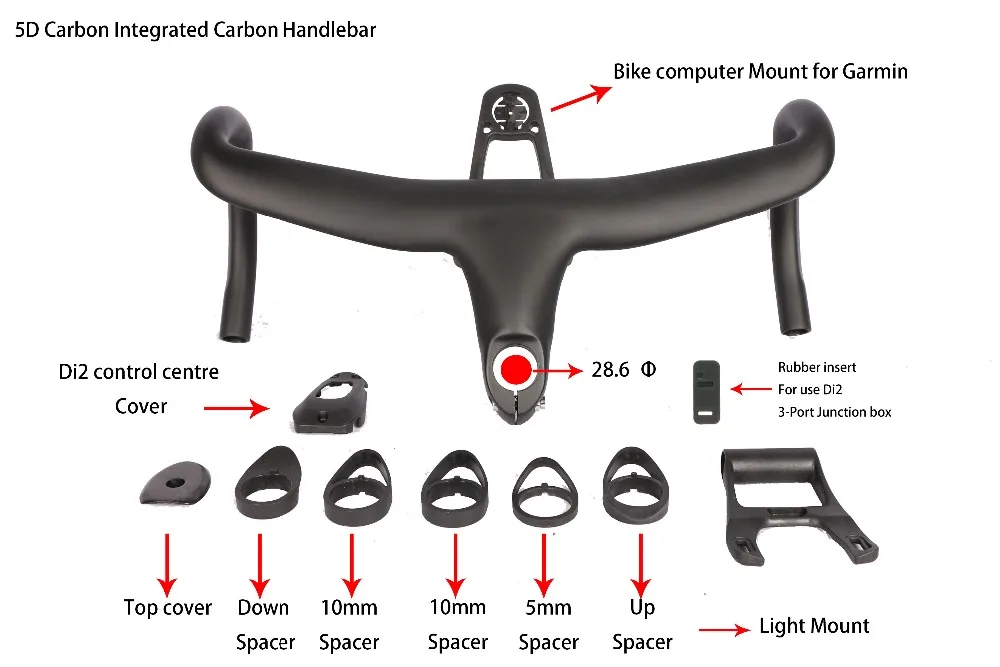 5D полностью углеродный руль для шоссейного велосипеда, интегрированный откидывающийся Руль 28,6 мм UD с креплением для велосипедного компьютера, Специальное крепление-светильник