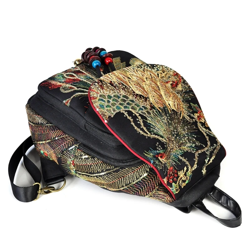 

Multi-functional 111401 backpack ethnic embroidery phoenix canvas backpack - black Casual
