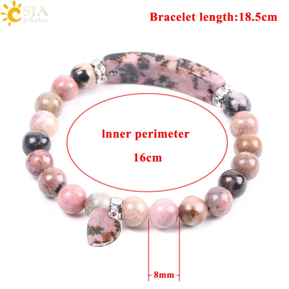 CSJA Natural Gem Stone Bangles Line Rhodonite Love Heart Fitting Healing Beads Bracelets Rectangle Stones for Women Jewelry F104