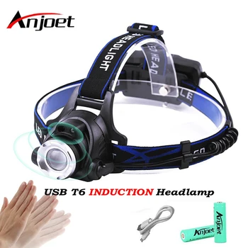 

Anjoet IR Sensor Headlight USB Rechargeable Induction T6 LED Headlamp Head Light Lamp Lantern 18650 Battery Fishing + USB Cable