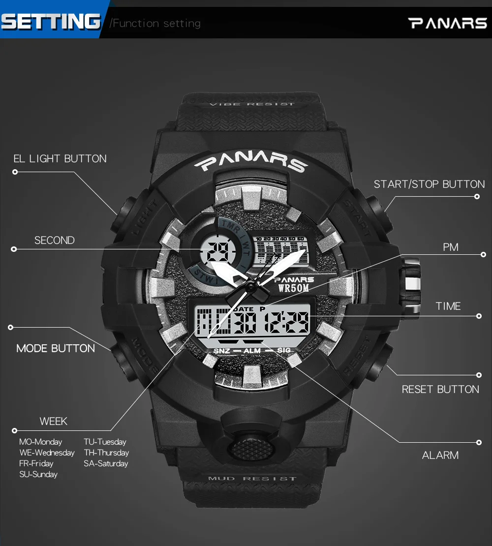 PANARS новые светящиеся спортивные часы многофункциональные мужские водонепроницаемые наручные часы фитнес цифровые часы с будильником и таймером часы 8129