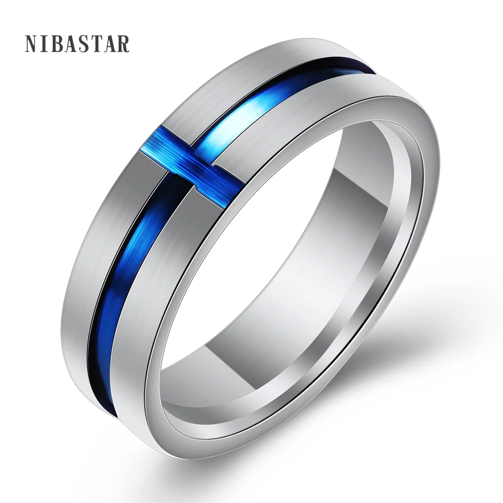 6mm Wide Cross Thin Blue Line Stainless Steel Ring For Men