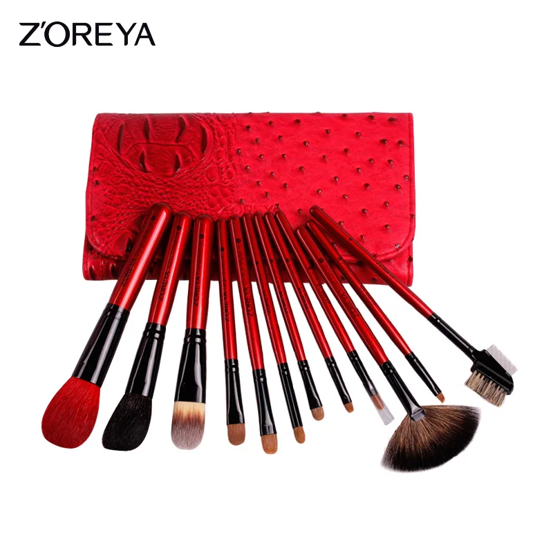Zoreya набор кистей для макияжа из козьего волоса, 12 шт., тени для век, пудра, кисть для основы, для макияжа, цветущая с портативной сумкой - Handle Color: red