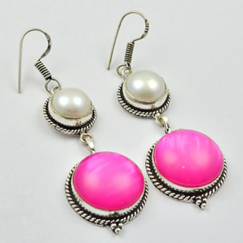 

Cat Eye & Pearls , Silver Overlay on Copper Earrings, 63 mm , E2508