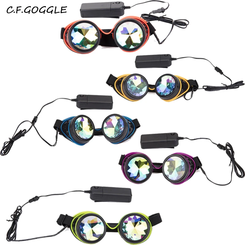 C.F.GOGGLE Steampunk Gothic Welding Round Black Frame Illuminated Kaleidoscope Lens Goggles Men Women Cosplay Eyewear 5 Colors