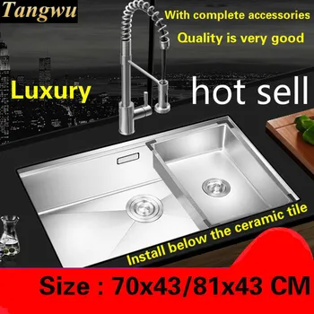 Best Free Shipping Luxury Kitchen Manual Sink Single Trough Durable 304 Food Grade Stainless Steel Standard Hot Sell 70x43/81x43 CM