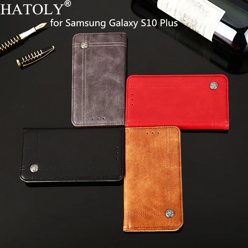 HATOLY For Samsung Galaxy S10 Plus Case Leather Flip Cases With Card Slots Soft Silicone Pouch