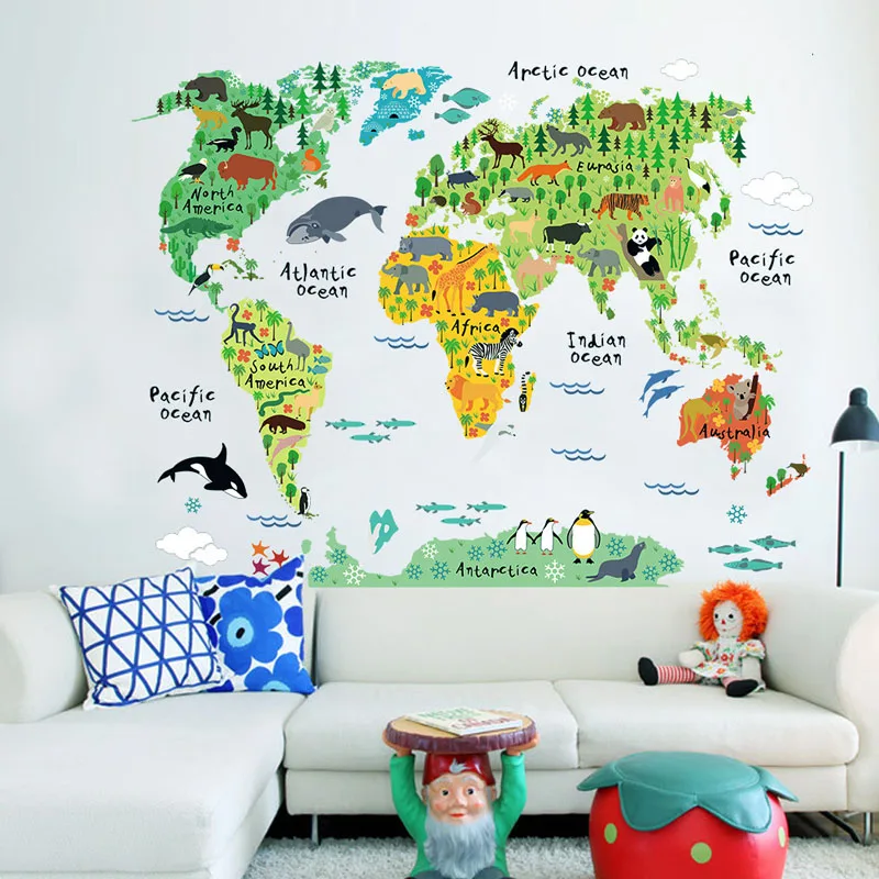[Fundecor] DIY животные карта мира наклейки на стену для детской комнаты Мальчики Девочки Детская Спальня Наклейки на стены ПВХ фрески домашний декор