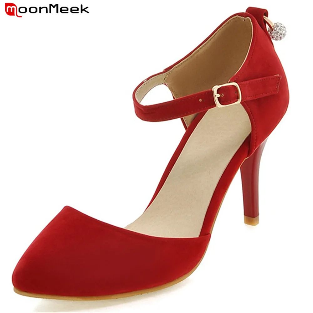 

MoonMeek new arrival summer spring women pumps pointed toe extreme high heel with buckle flock thin heels sexy ladies shoes