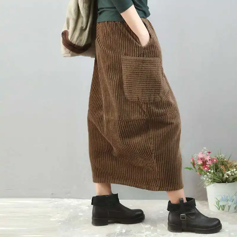 

Retro solid color corduroy Elastic waist pocket skirt mori girl 2018 autumn