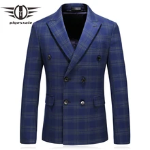 Мужской блейзер с двойным слоем, весна-осень, приталенный мужской клетчатый пиджак в полоску, Мужской умный Повседневный Блейзер, темно-синий Q212