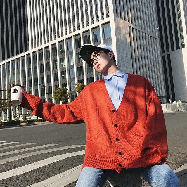 2018 Spring New Arrival Men’s Fashion Casual Loose Coat Cardigan Tide Solid Color Single Breasted V-neck Sweater Male M-2XL