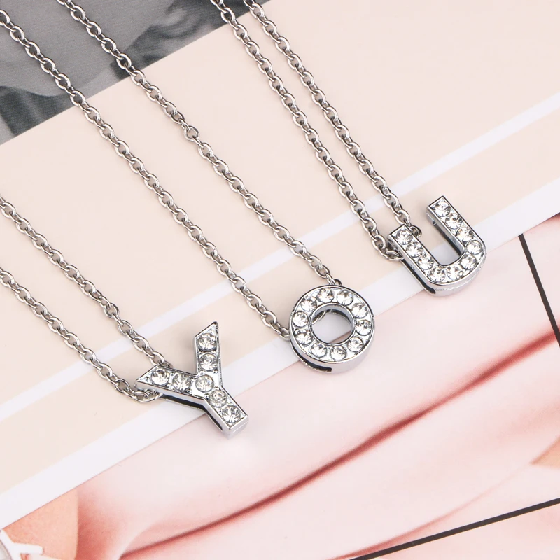 CHUKUI Stainless Steel Rhinestone Pendant Women Female Necklace Pendant Crystal Letter Initial Necklace Silver (5)