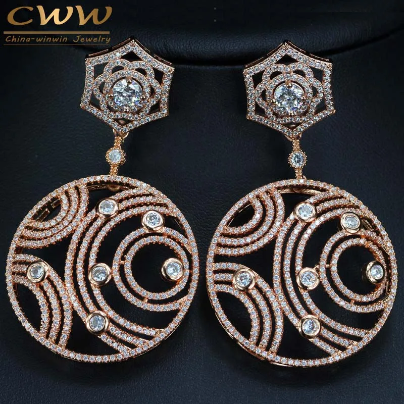 

CWWZircons Rose Gold Color Long Cubic Zirconia Drop Earrings Big Round CZ Stone Women Wedding Jewelry Accessories CZ342