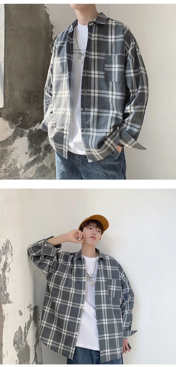 Модная повседневная клетчатая рубашка с длинными рукавами в Корейском стиле