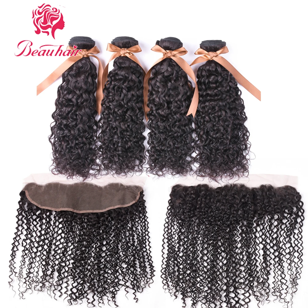 Beauhair Peruvian Kinky Curly Human Hair Bundles With Frontal Closure Non-Remy Weave Ear To Ear Lace Frontal With 4 Bundles