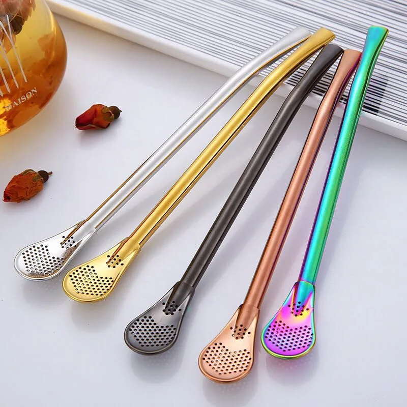 ALS_ Stainless Steel Reusable Drinking Straw Filter Spoon Coffee Tea Strainer Si 