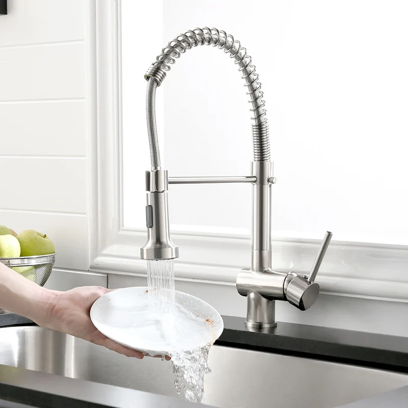 Fapully Kitchen Faucet Nickel Brushed Deck Mounted Hot and Cold Water Spring Pull Down Spray Spout Kitchen Mixer Tap 999-33N Fapully Kitchen Faucet Nickel Brushed Deck Mounted Hot and Cold Water Spring Pull Down Spray Spout Kitchen Mixer Tap 999-33N