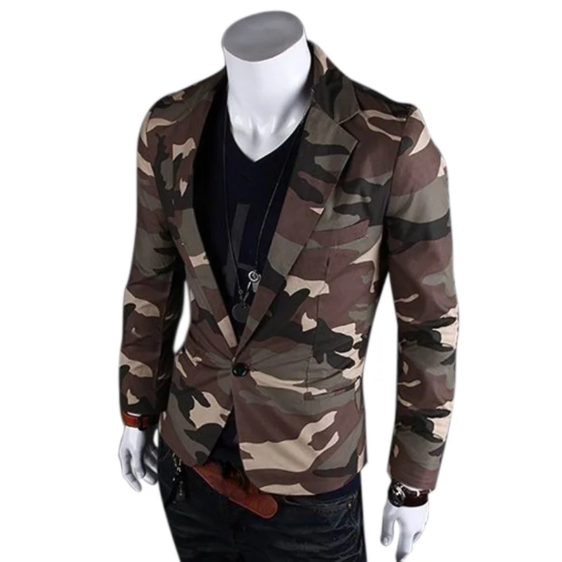 Модный весенний Мужской Блейзер, приталенный пиджак, камуфляжный стиль, повседневное пальто на одной пуговице, топы, H9