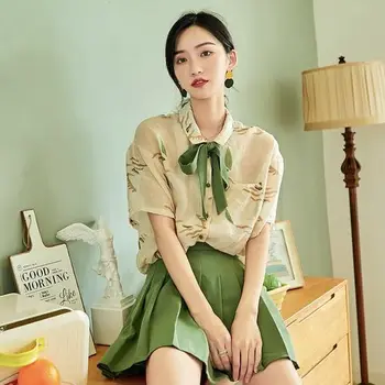 

Loose New 2019 Pocket Bow Summer Set Women Korean Vintage High Waist Twinset Single Breasted Print Brief 2 Pcs Set