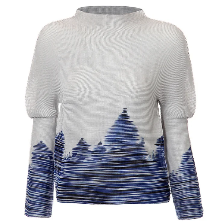 Changpleat Для женщин топы Футболка miyak плиссированные модные Дизайн Printed Turtleneck большие размеры Тонкий стрейч тонкий Футболки для Для женщин