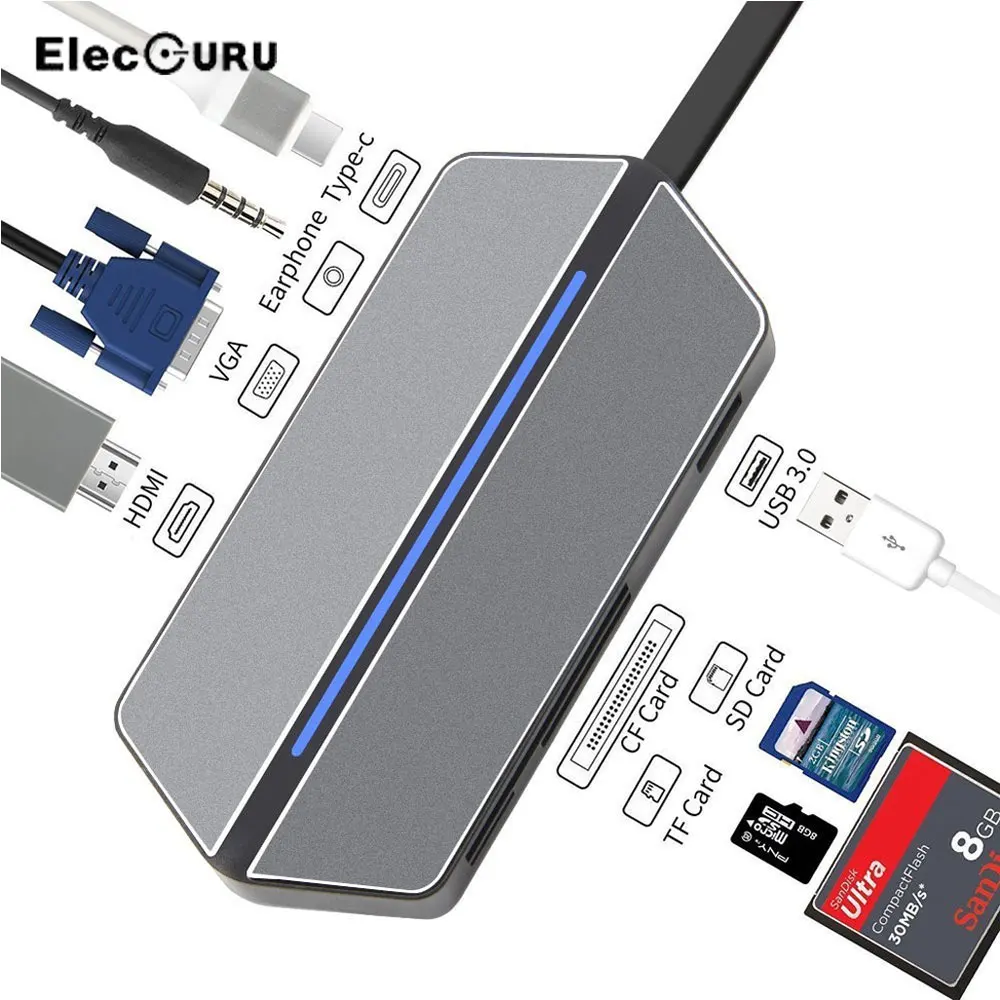 

8 in 1 USB Type C Hub Adapter with HDMI/VGA/USB 3.0/3.5mm Audio/CF/SD/TF Card Reader/Charging Port for MacBook Samsung Glaxy S8