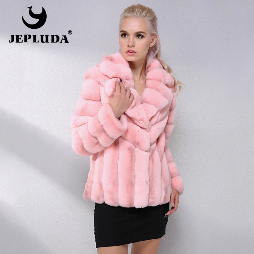 

JEPLUDA Fashion Short Natural Rex Rabbit Fur Coat Latest Color Suit Collar Fur Jacket Winter Real Fur Coat Women Leather Jacket