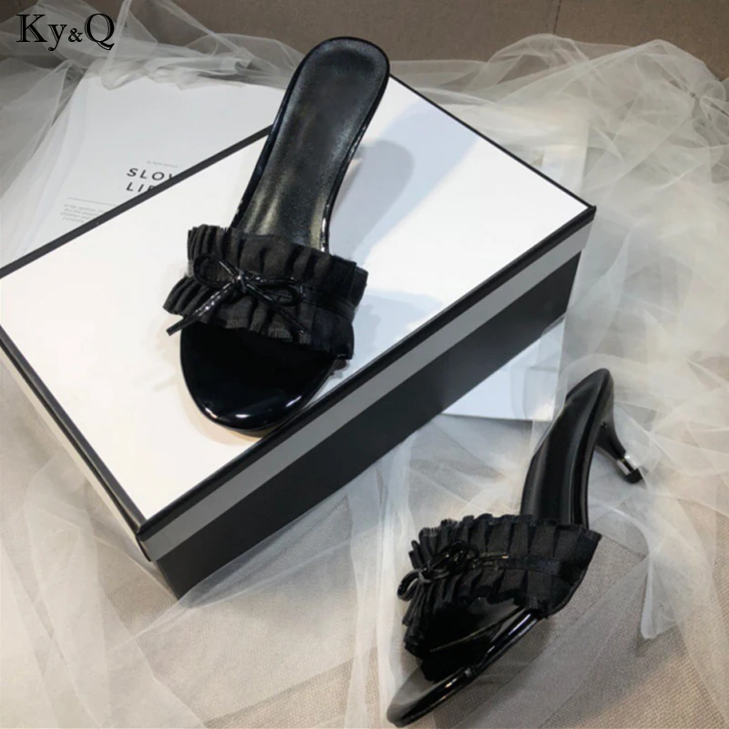 

Summer New 2019 Ladies Fashion Wear Bow Roman Style Comfortable Open Toe Fine With Beach Casual Wild High Heel Slippers 5-8cm
