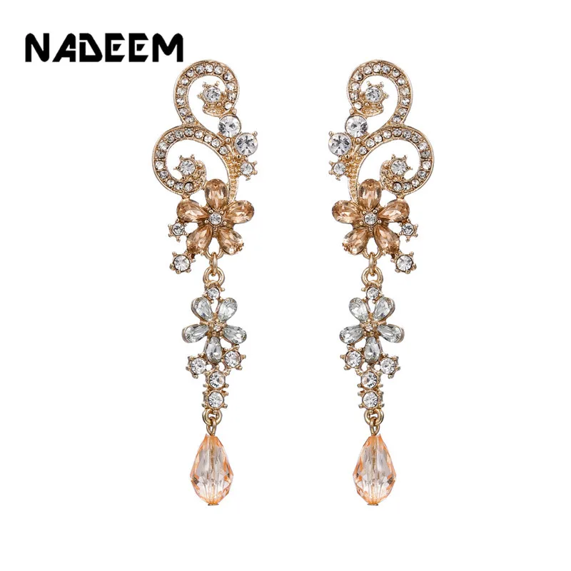 Роскошные хрустальные свадебные серьги-гвоздики цвета шампанского, роскошная Свадебная люстра, серьги-гвоздики с цветами, ювелирные изделия для помолвки для женщин