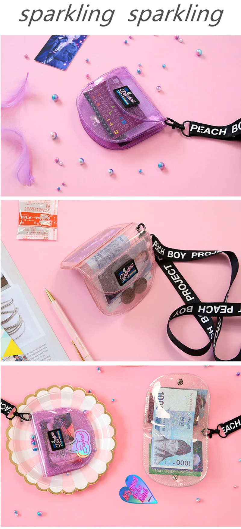 Bentoy прозрачный ID& кредитный держатель для карт, кошельки, сумочка с блестками, женский кошелек, мини-сумочка для монет, складной висящий на шее, INS, корейский стиль