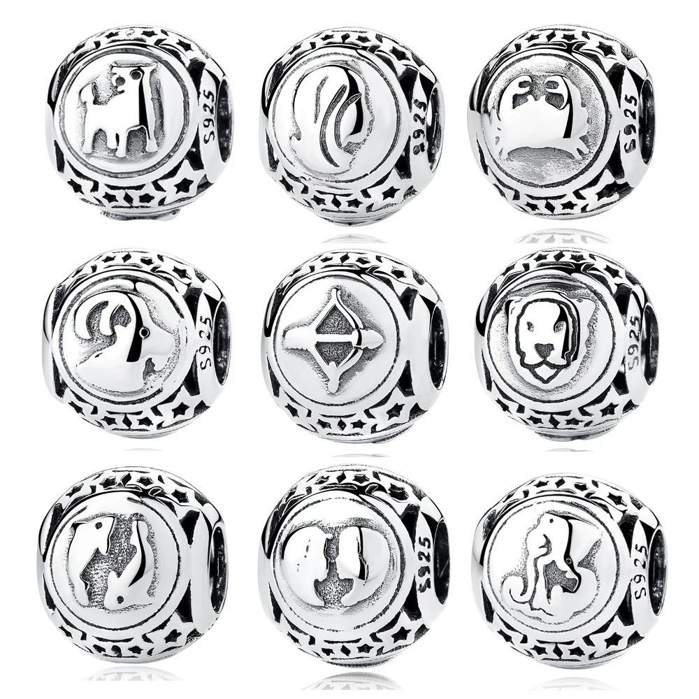 Authentic 925 Sterling Silver Bead Charm 12 Zodiac Constellation Libra Leo Star Charms Fit Pandora Bracelets Women Diy Jewelry | Украшения