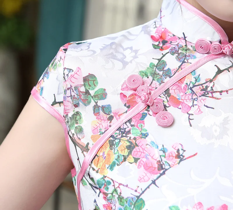 New Satin Women's Traditional Chinese Cheongsam Dresses Vestido Printing Stand Collar Short Sleeve Silk Plus Size 4XL (2)
