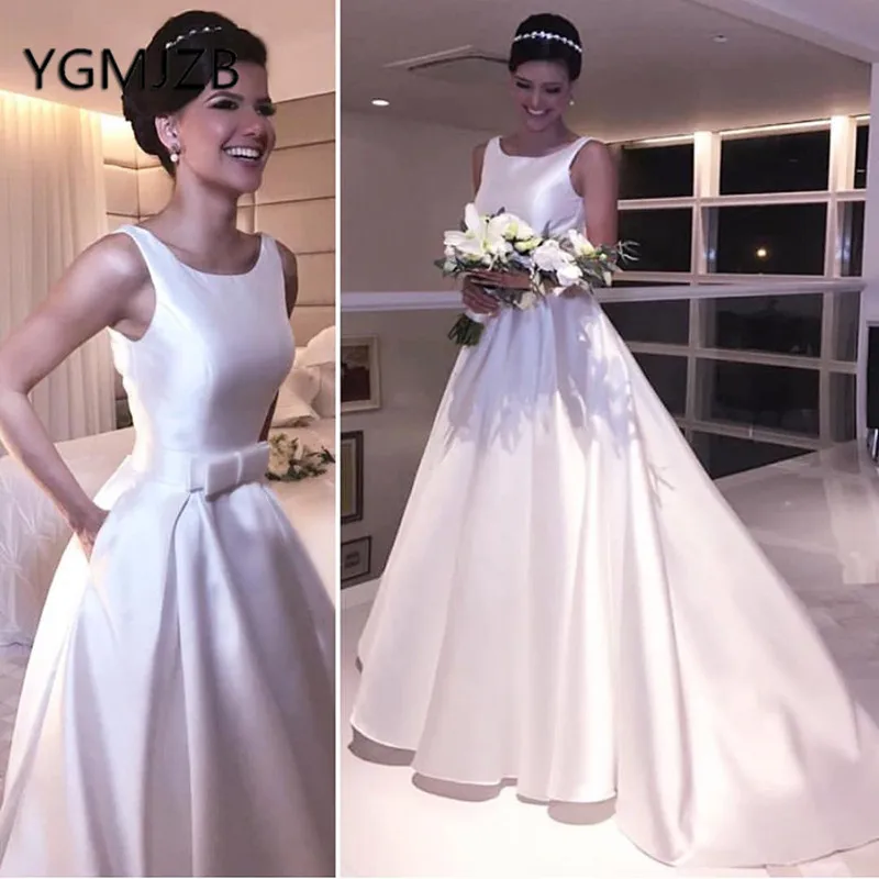 

Robe De Mariee 2019 Simple Satin Wedding Dresses A-Line Spaghetti Strap Sweep Train Bride Dress Wedding Gown Bridal Gown