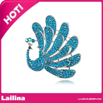 

Blue Rhinestone Feathered Peacock Bird Pin Brooch