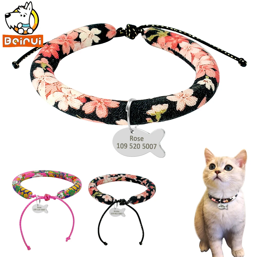 Kimono Nylon Cat Tag Collar Set Breakaway Flower Printing Dog Puppy Kitten Collars with Tag For Small Cats Pink Black