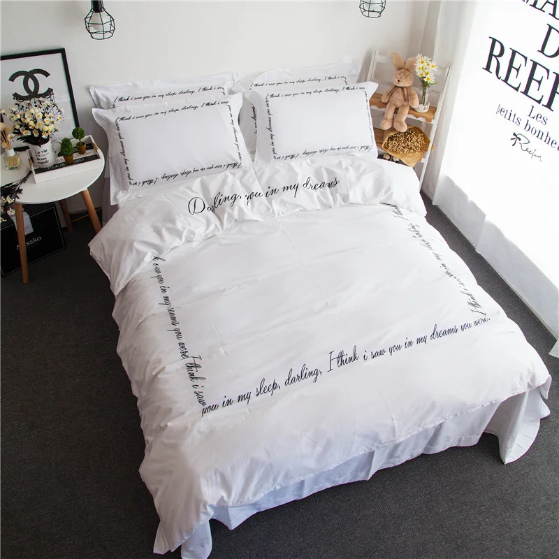 luxury embroidery letter black white cotton Duvet covers set 4pcs