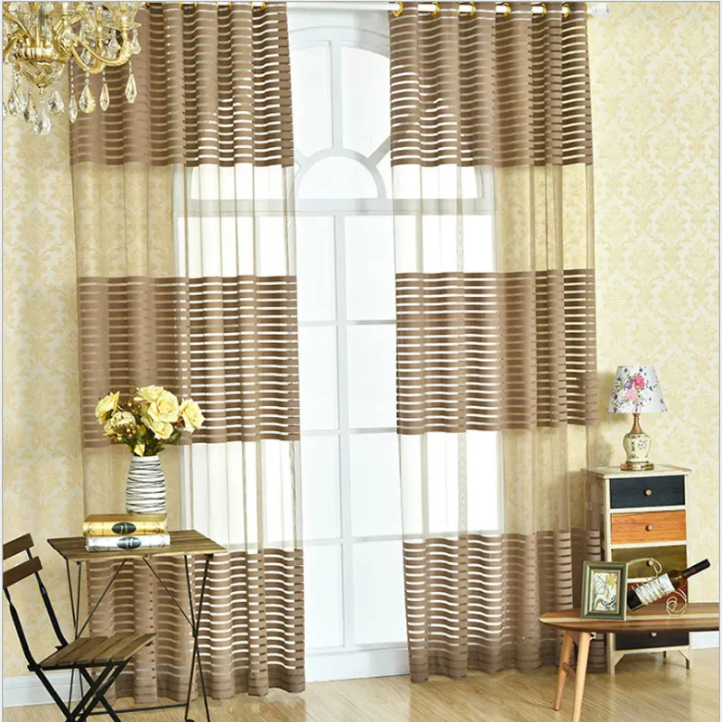 Us 15 18 31 Off Luoshanna Elegant Brown White Polyester Cloth Modern Simple Striped Bedroom Sheer Window Curtains For Living Room Tulle Curtains In