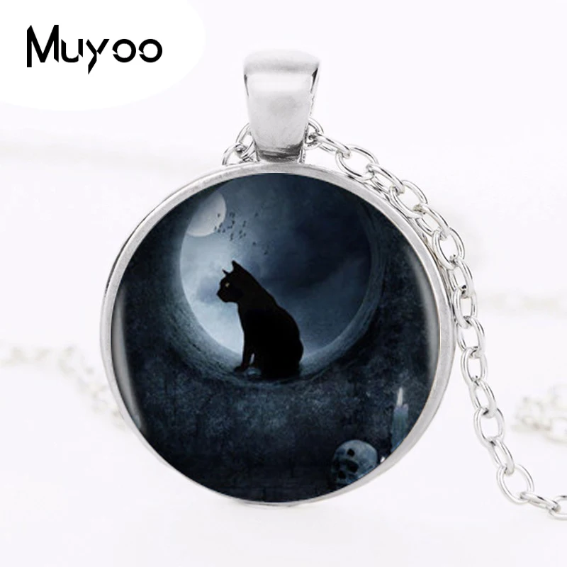 Cat Pendant Necklace Different Styles Moon Charm Handmade Round Necklace For Women Men Round Photo HZ1