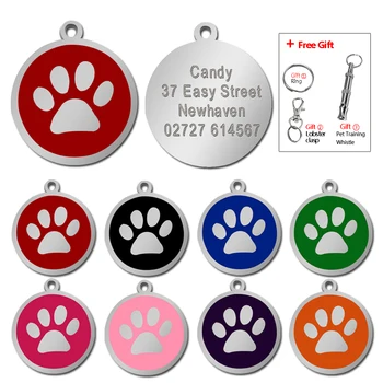 

Customized Dog ID Tag Pet Personalized Tags Engraved Round Paw Pet Nameplate Pendant For Dogs & Cats With Free Gift Whistle